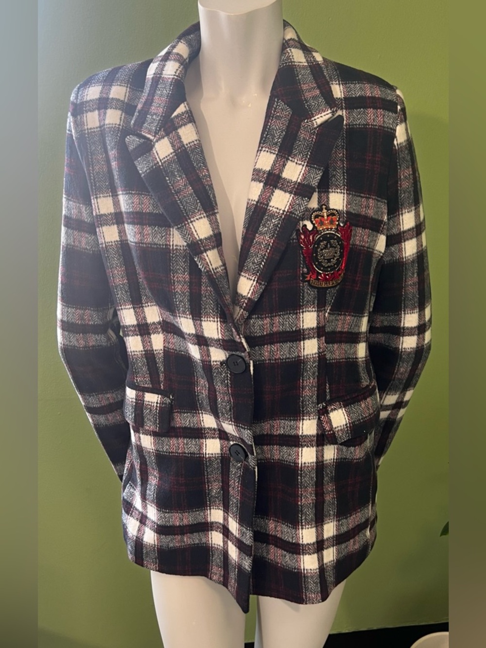 Fashion Nova Black White Red Plaid Crest Blazer